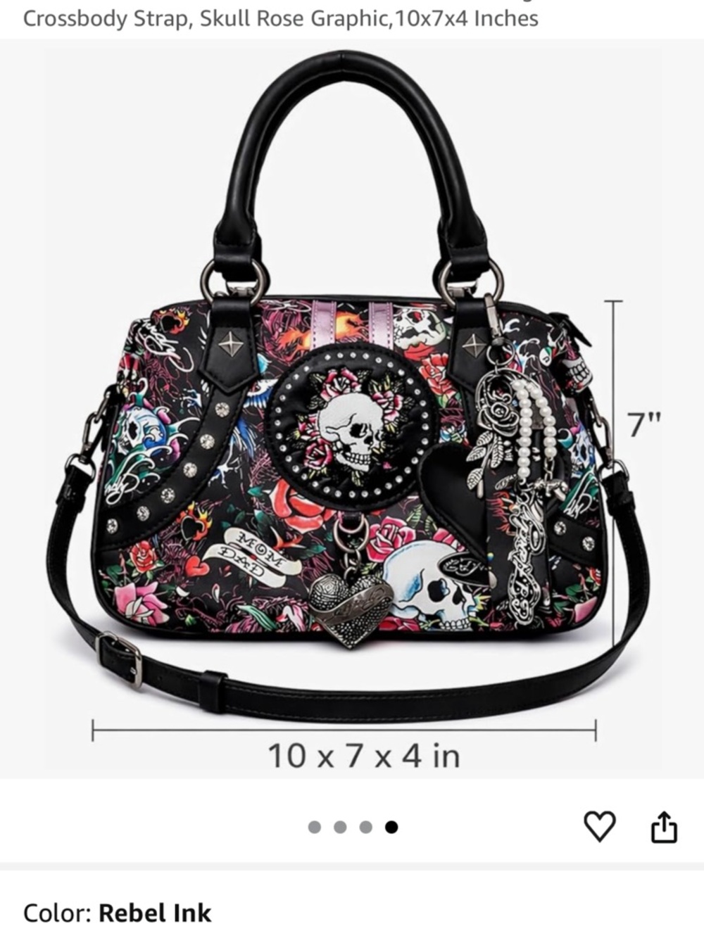 Ed Hardy Black Floral Skull Satchel with Pink and Red Accents